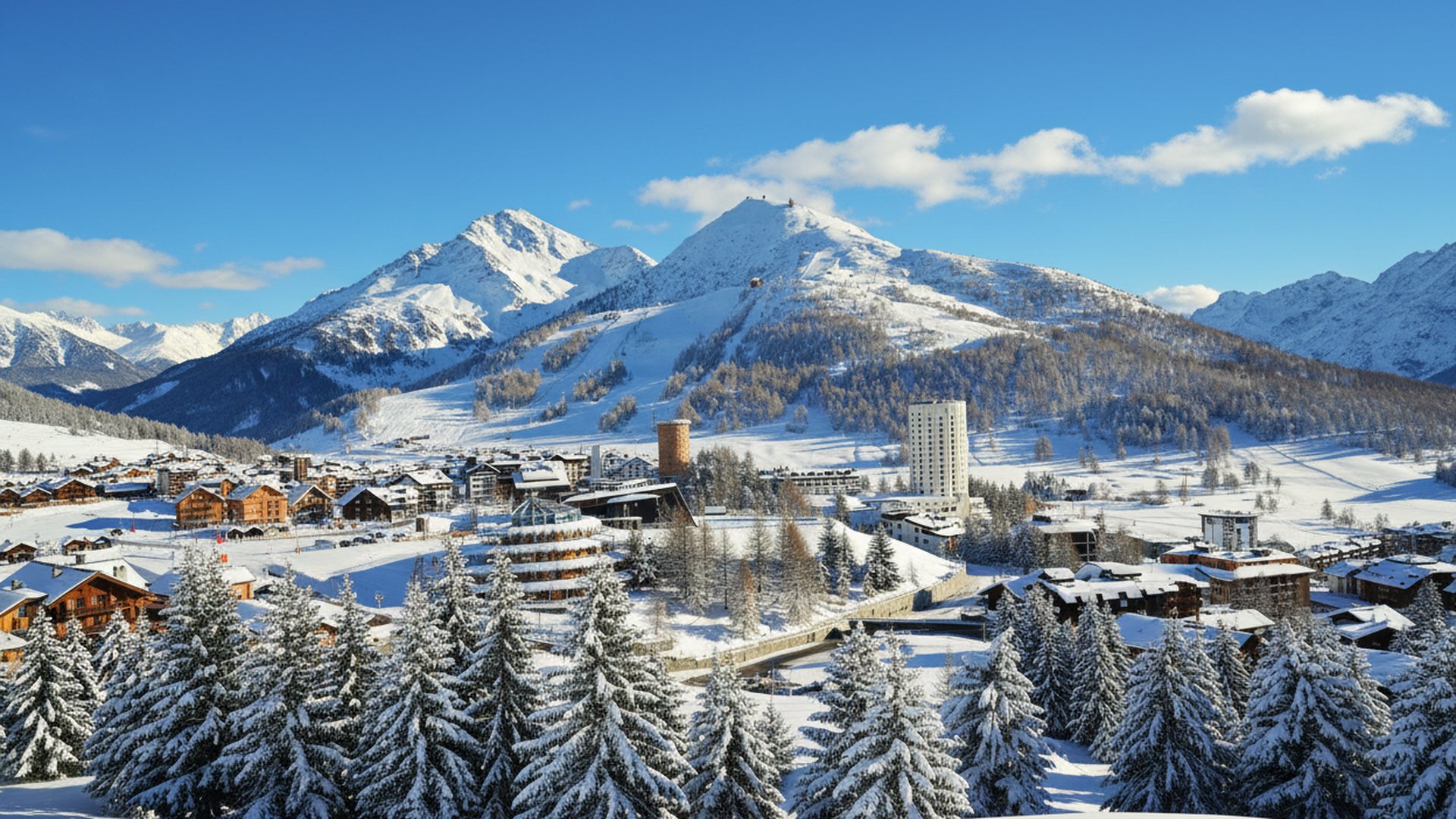 Panorama invernale di Sestriere tra boschi innevati e montagne